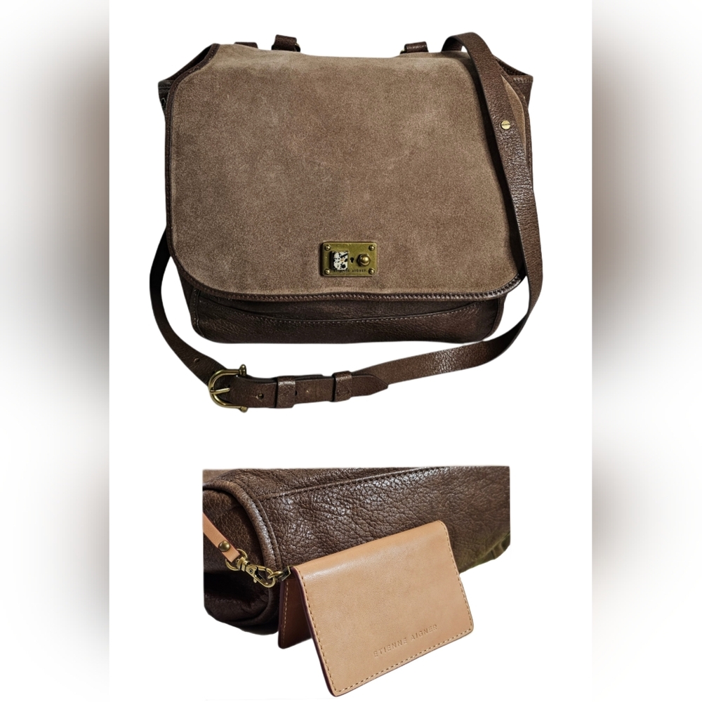 Etienne Aigner Brown Suede Pebble Leather Crossbody Messenger Bag Shoulder Purse